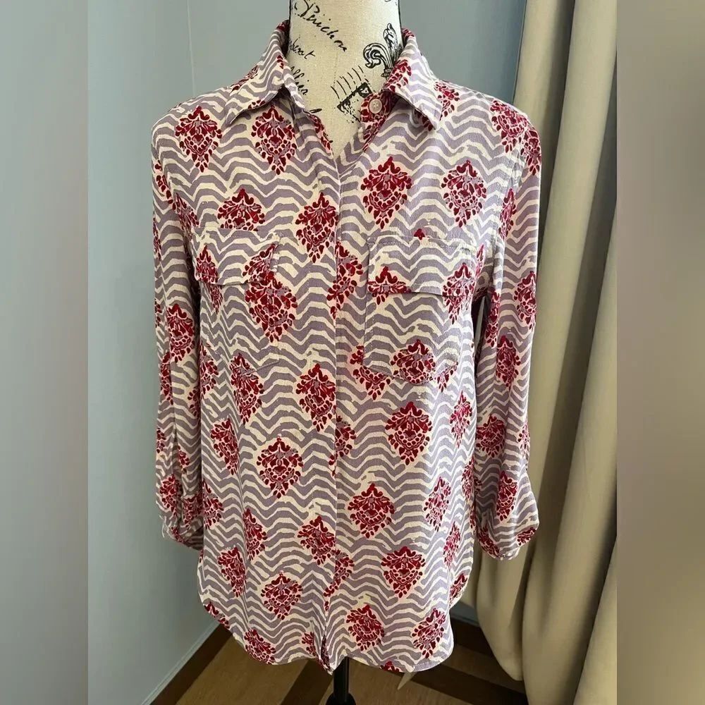 Porridge Anthropologie Women's Patterned Button Down Roll Tab Sleeve Shirt Sz XS